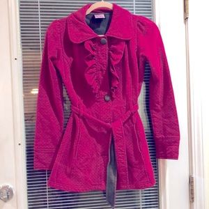PINK FUCSIA & GRAY POLKA DOT FLEECE WINTER TRENCH COAT W POCKETS